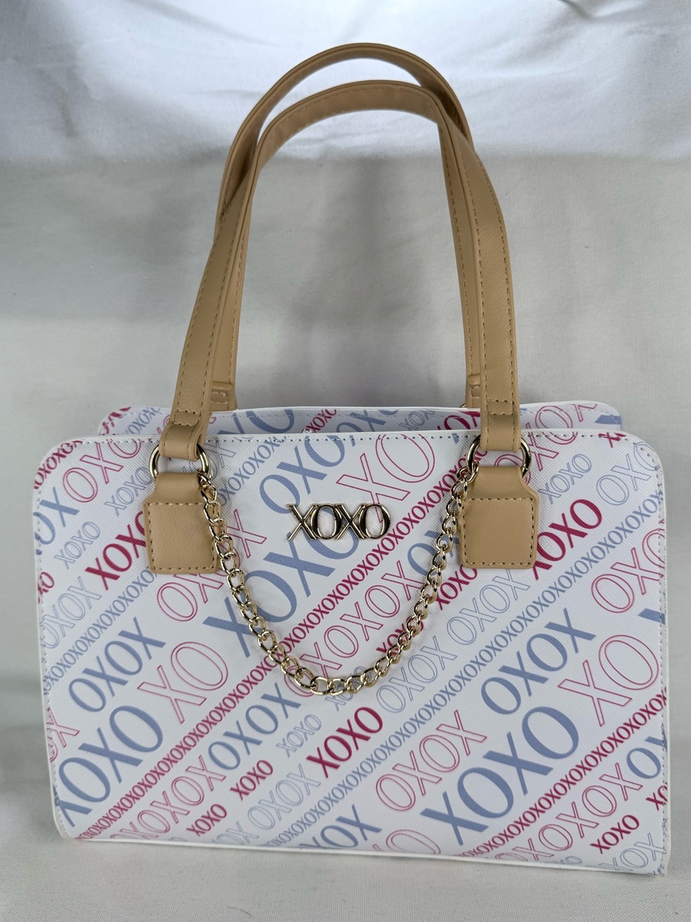 XOXO White Multicolor Logo Print Satchel with Beige Handles